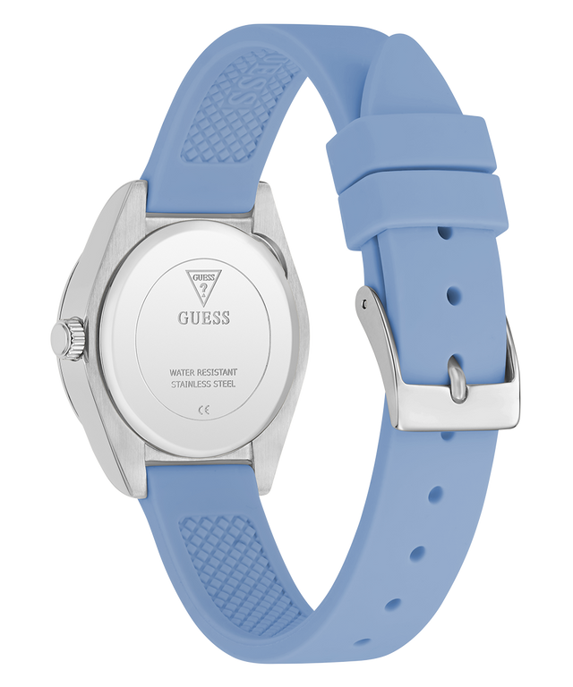 GUESS Ladies Mini Luna Blue Silver Tone Analog Watch with blue strap and silver case on a white background