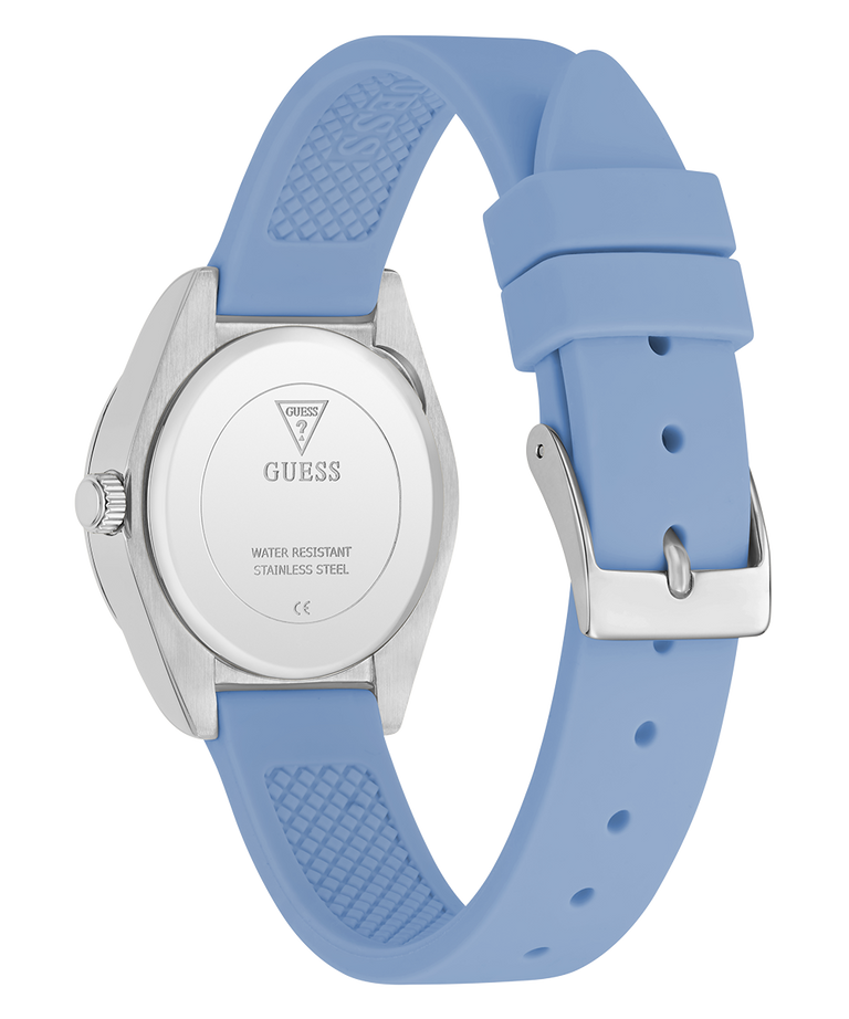 GUESS Ladies Mini Luna Blue Silver Tone Analog Watch with blue strap and silver case on a white background