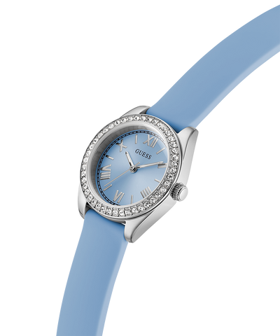 Blue watch with a silver bezel and crystal accents on a white background lifestyle