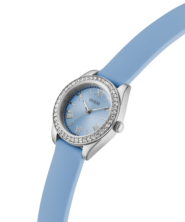 Blue watch with a silver bezel and crystal accents on a white background lifestyle