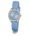 GUESS Ladies Mini Luna Blue Silver Tone Analog Watch with silver case and gemstones on a white background