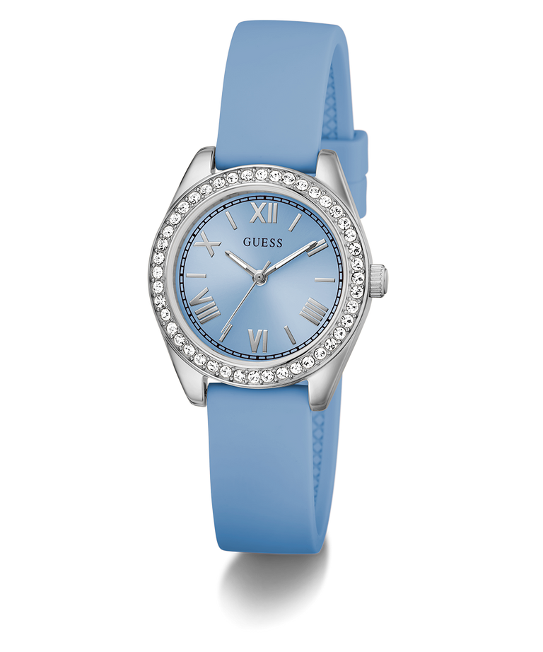 GUESS Ladies Mini Luna Blue Silver Tone Analog Watch with silver case and gemstones on a white background