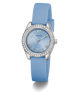 GUESS Ladies Mini Luna Blue Silver Tone Analog Watch with silver case and gemstones on a white background