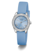 GUESS Ladies Mini Luna Blue Silver Tone Analog Watch with silver case and gemstones on a white background