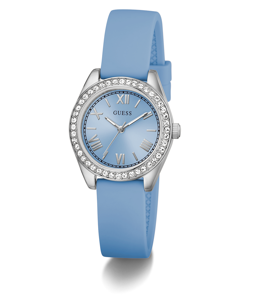 GUESS Ladies Mini Luna Blue Silver Tone Analog Watch with silver case and gemstones on a white background