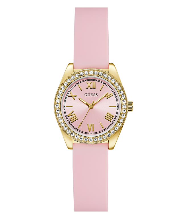 GUESS Ladies Mini Luna Pink Gold Tone Analog Watch with gold accents on a white background