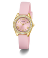 GUESS Ladies Mini Luna Pink Gold Tone Analog Watch with gold case and crystal accents on a white background