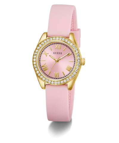 GUESS Ladies Mini Luna Pink Gold Tone Analog Watch with gold case and crystal accents on a white background