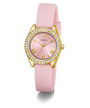 GUESS Ladies Mini Luna Pink Gold Tone Analog Watch with gold case and crystal accents on a white background