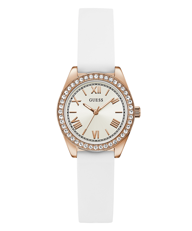White GUESS watch with rose gold case and crystal accents on a white background