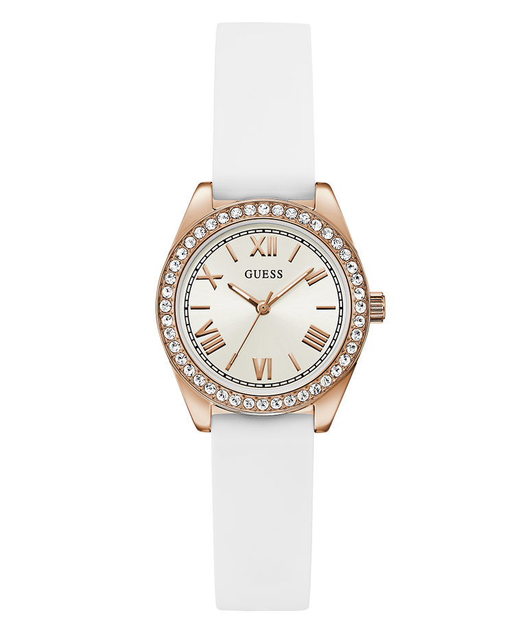 White GUESS watch with rose gold case and crystal accents on a white background