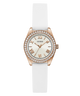 White GUESS watch with rose gold case and crystal accents on a white background