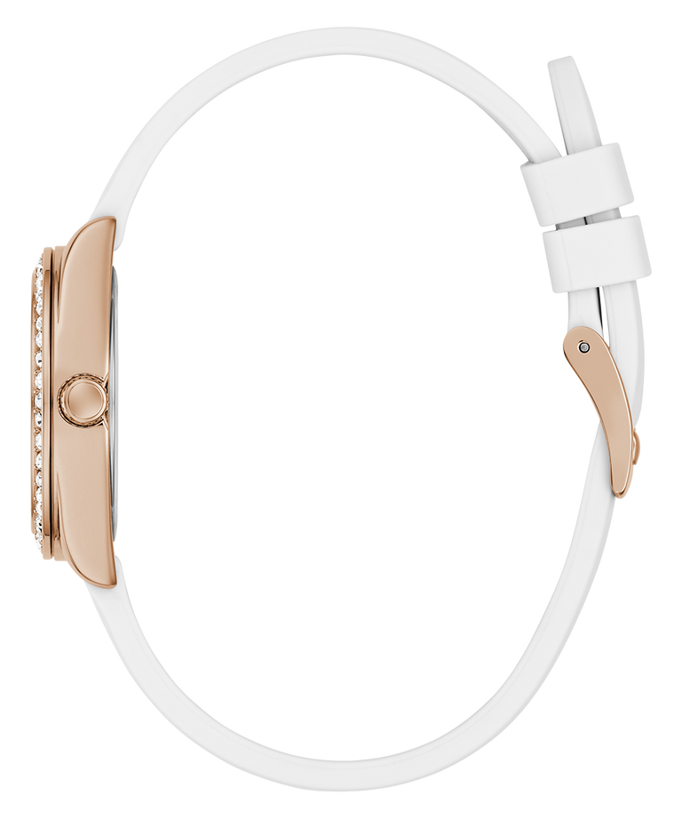 Watch with white strap and rose gold case on a white background