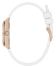 Watch with white strap and rose gold case on a white background