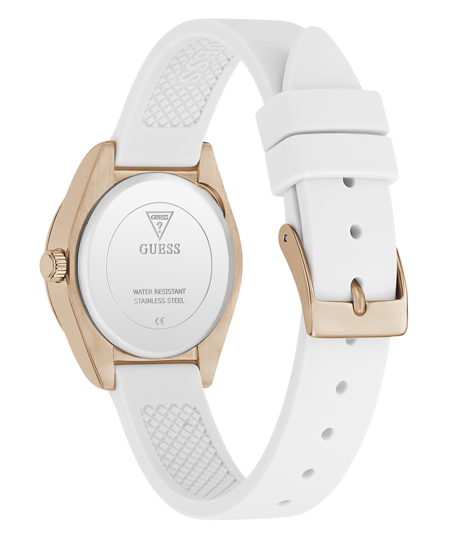 White watch with rose gold accents on a white background