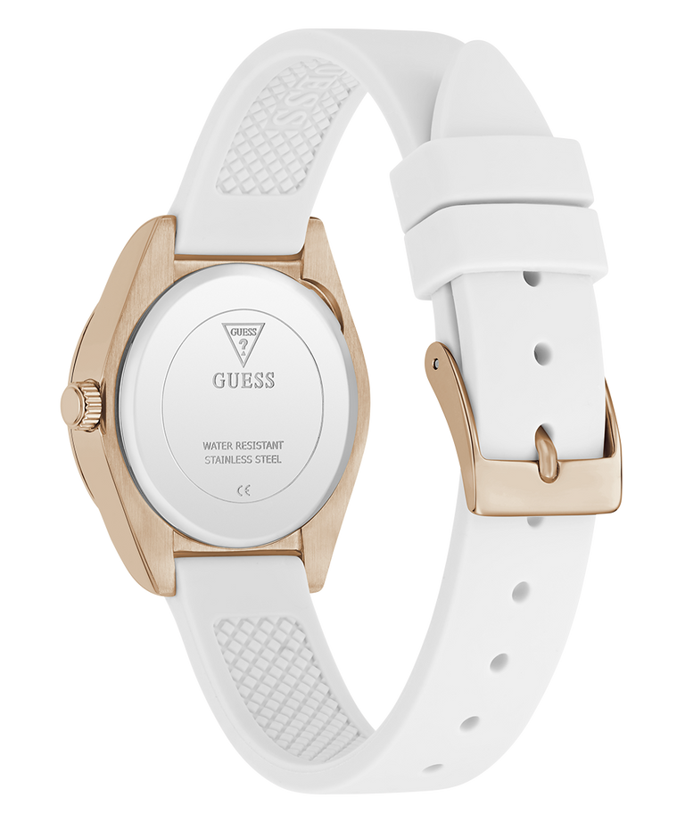 White watch with rose gold accents on a white background