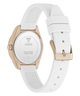 White watch with rose gold accents on a white background