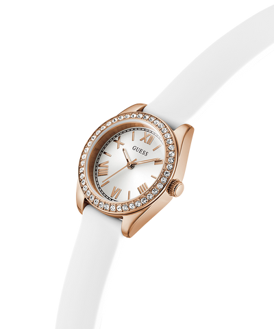 Guess watch with rose gold case and white strap on a white background lifestyle