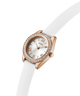 Guess watch with rose gold case and white strap on a white background lifestyle