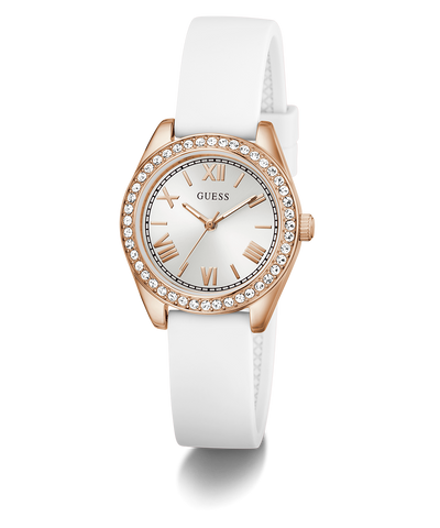 White GUESS watch with rose gold case and crystal accents on a white background
