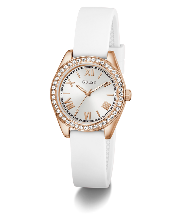 White GUESS watch with rose gold case and crystal accents on a white background