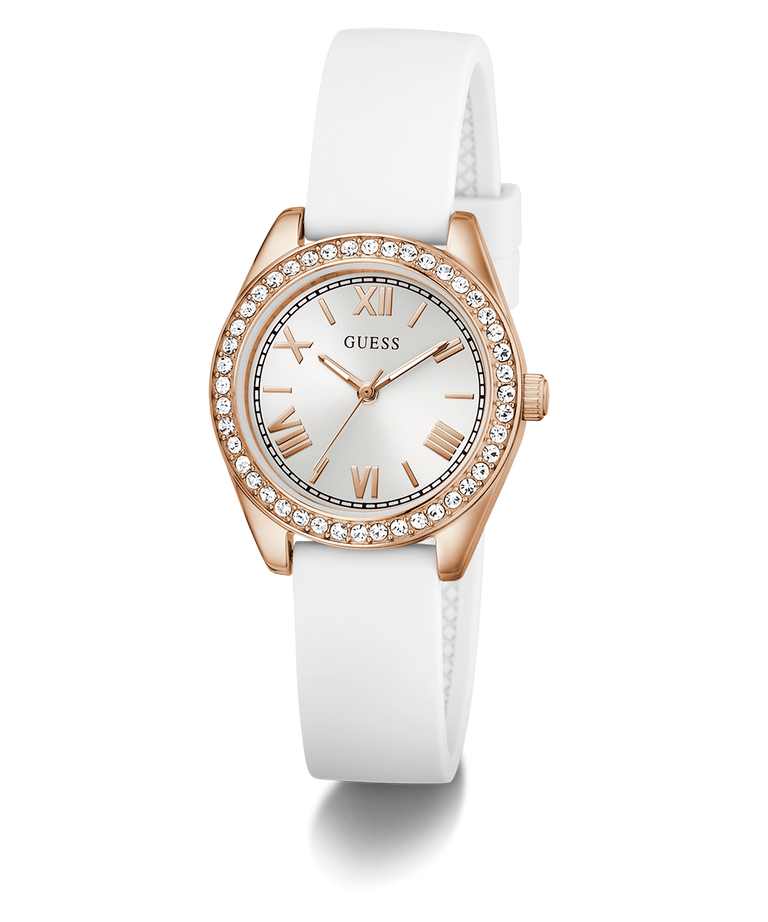 White GUESS watch with rose gold case and crystal accents on a white background