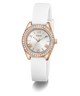 White GUESS watch with rose gold case and crystal accents on a white background