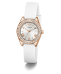 White GUESS watch with rose gold case and crystal accents on a white background