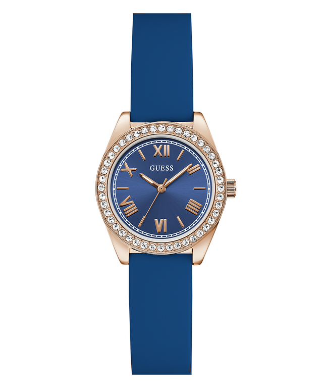 GUESS Ladies Mini Luna Blue Rose Gold Tone Analog Watch with rose gold case and blue strap on white background