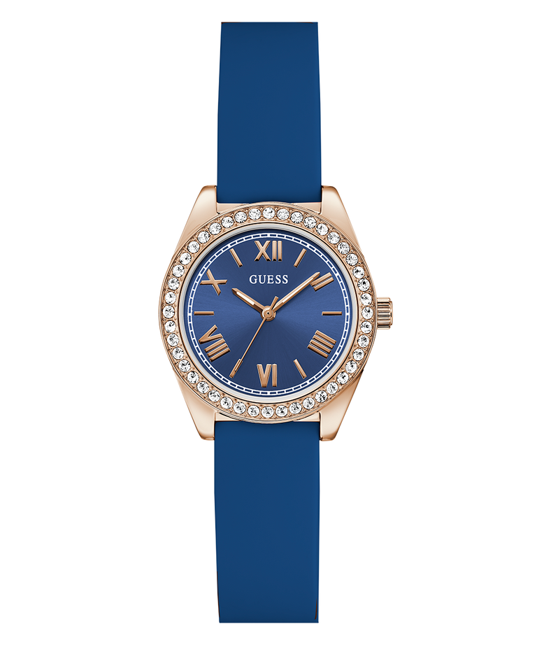 GUESS Ladies Mini Luna Blue Rose Gold Tone Analog Watch with rose gold case and blue strap on white background