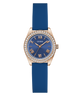 GUESS Ladies Mini Luna Blue Rose Gold Tone Analog Watch with rose gold case and blue strap on white background