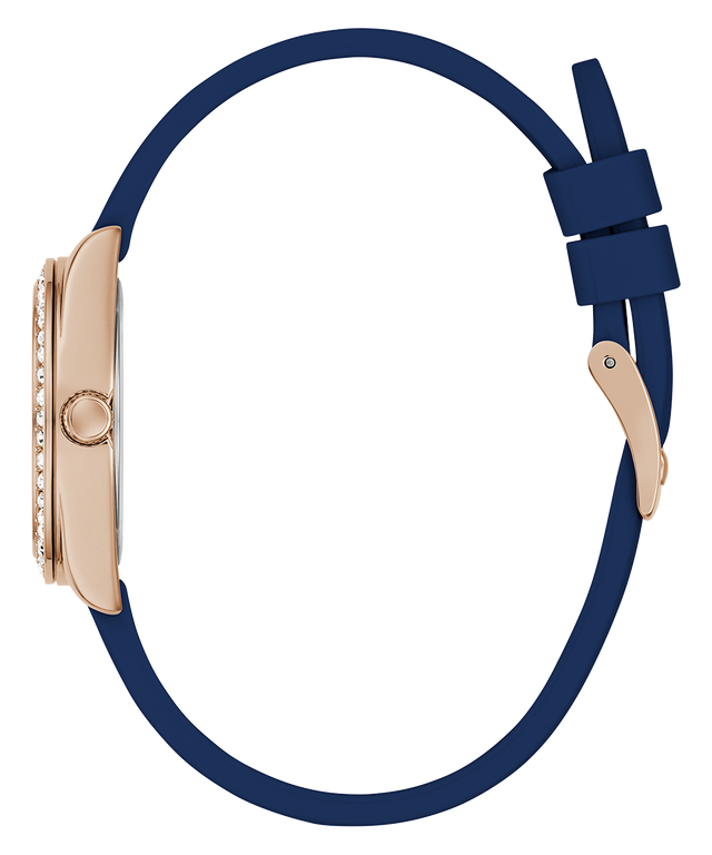Watch with a blue strap and rose gold case on a white background