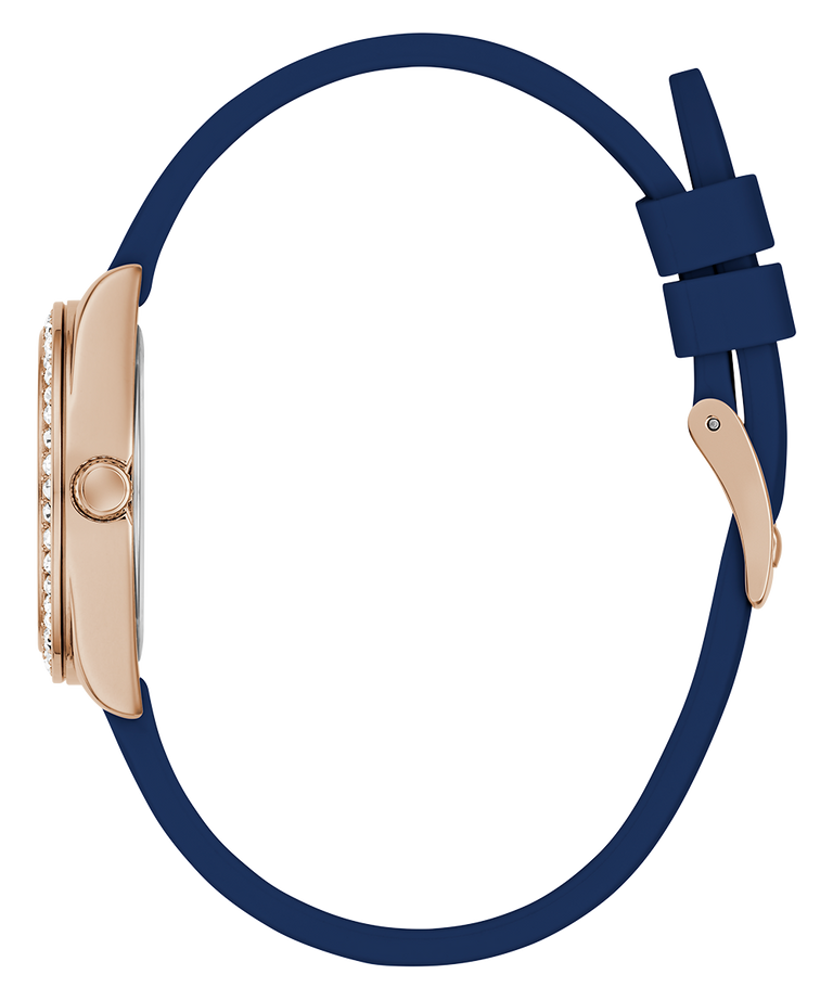 Watch with a blue strap and rose gold case on a white background