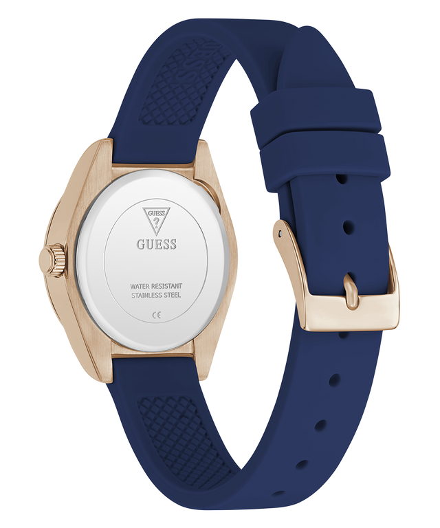 GUESS Ladies Mini Luna Blue Rose Gold Tone Analog Watch with blue strap and rose gold case on white background