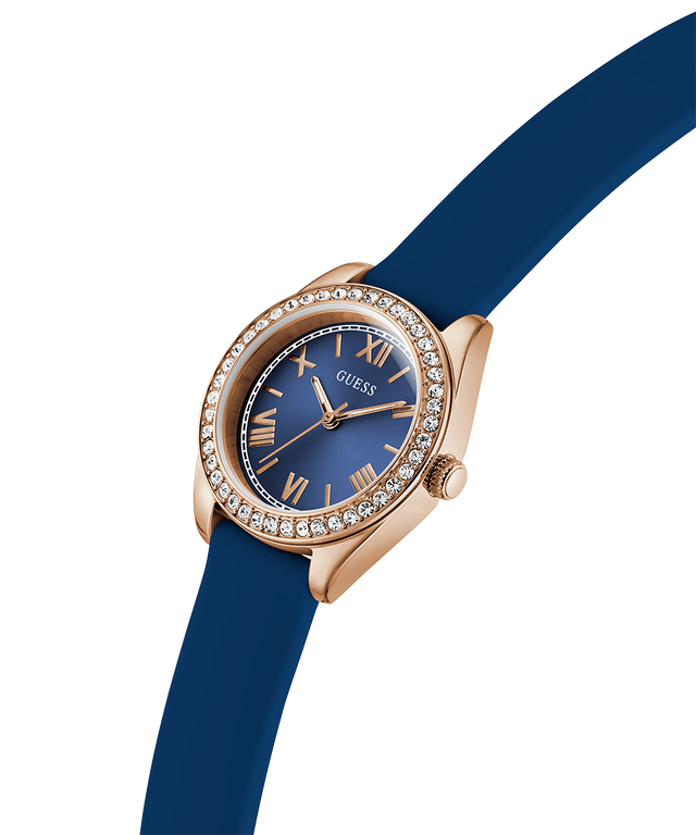 GUESS Ladies Mini Luna Blue Rose Gold Tone Analog Watch with blue strap and rose gold case on white background lifestyle