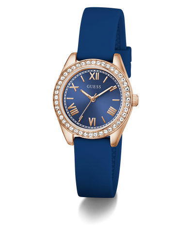GUESS Ladies Mini Luna Blue Rose Gold Tone Analog Watch with blue strap and rose gold case on white background