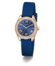 GUESS Ladies Mini Luna Blue Rose Gold Tone Analog Watch with blue strap and rose gold case on white background