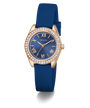 GUESS Ladies Mini Luna Blue Rose Gold Tone Analog Watch with blue strap and rose gold case on white background
