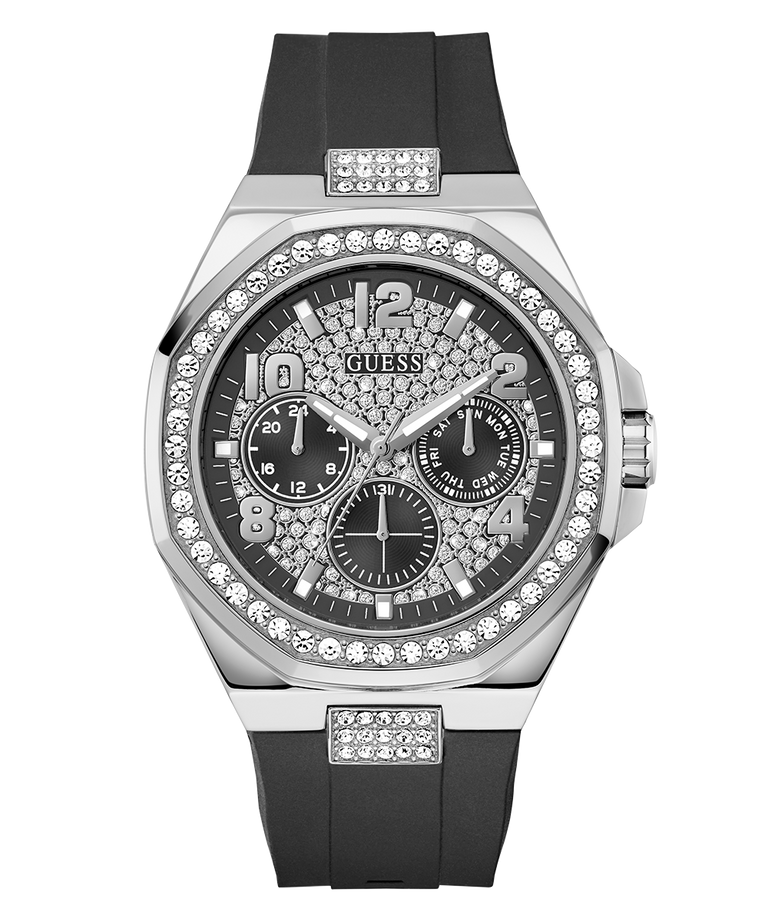 GUESS Mens Black Silver Tone Analog Watch with black strap and silver case on a white background