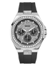 GUESS Mens Black Silver Tone Analog Watch with black strap and silver case on a white background