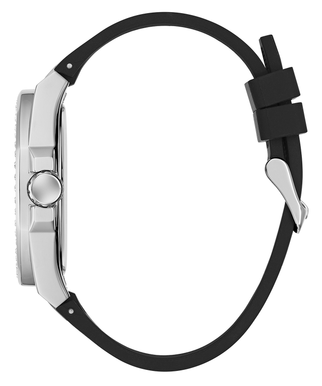 Close-up of a watch with a black strap and silver case on a white background