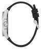 Close-up of a watch with a black strap and silver case on a white background