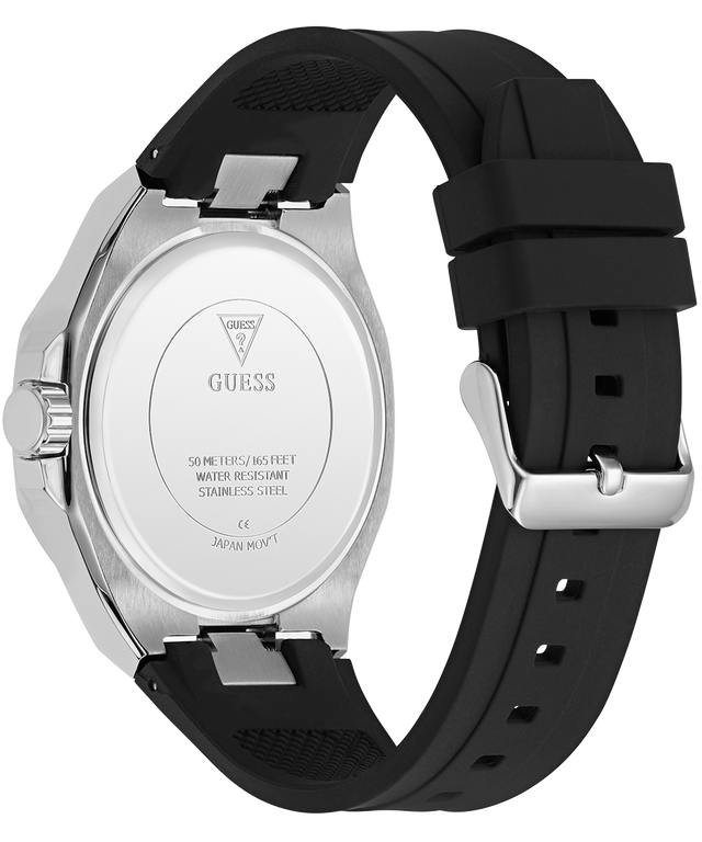 GUESS Mens Black Silver Tone Analog Watch with silver case and visible brand logo on a white background