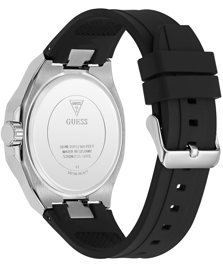 GUESS Mens Black Silver Tone Analog Watch with silver case and visible brand logo on a white background