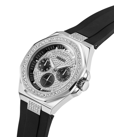 GUESS Mens Black Silver Tone Analog Watch with black strap and silver case on a white background lifestyle