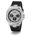 Guess watch with black strap and silver case on a white background