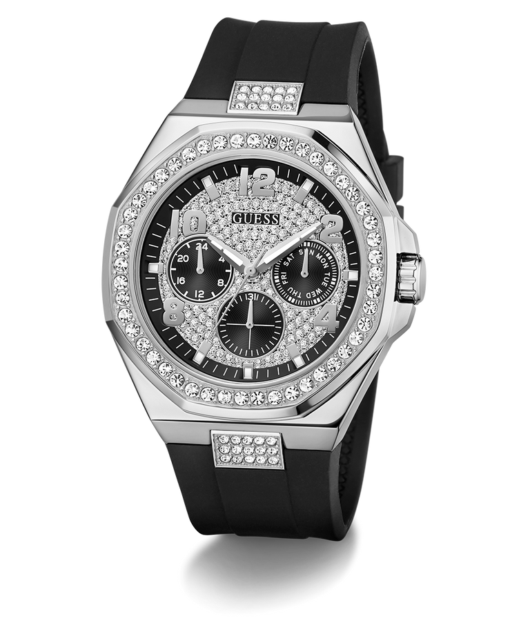 Guess watch with black strap and silver case on a white background