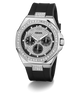 Guess watch with black strap and silver case on a white background