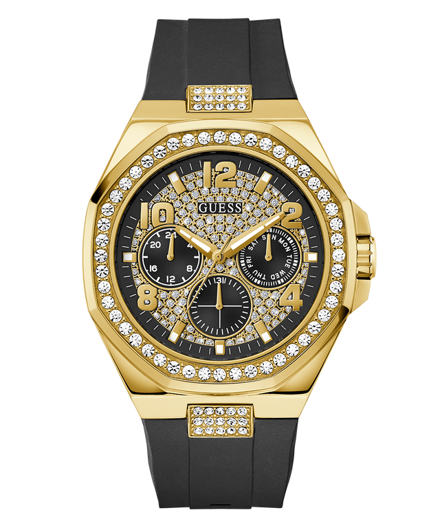 Gold and black watch with gemstone accents on a white background