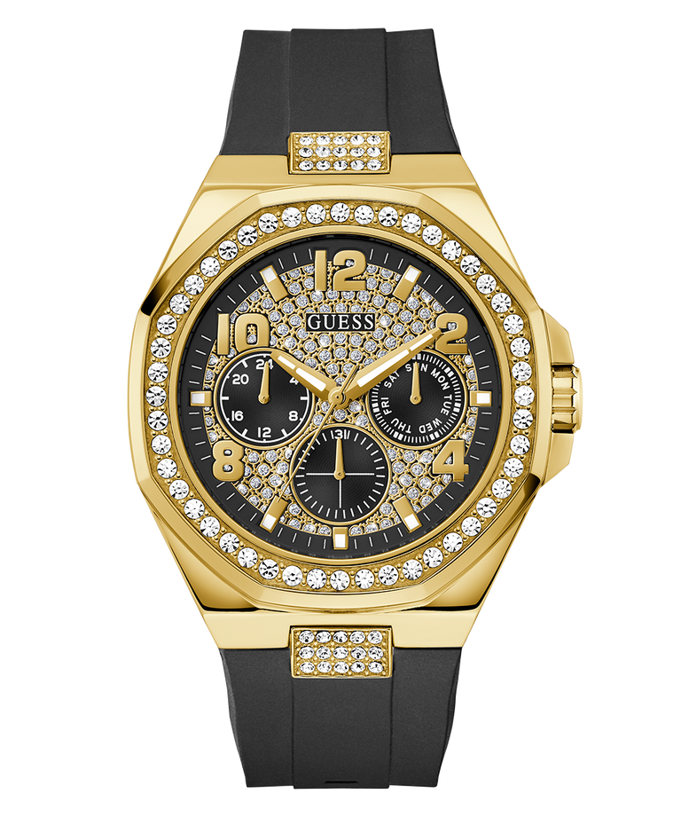 Gold and black watch with gemstone accents on a white background